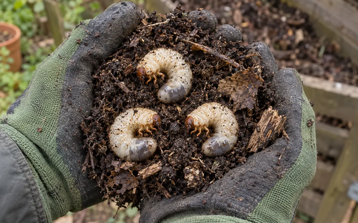 Drei Engerlinge in einer Handvoll Kompost, gehalten in Gartenhandschuhen