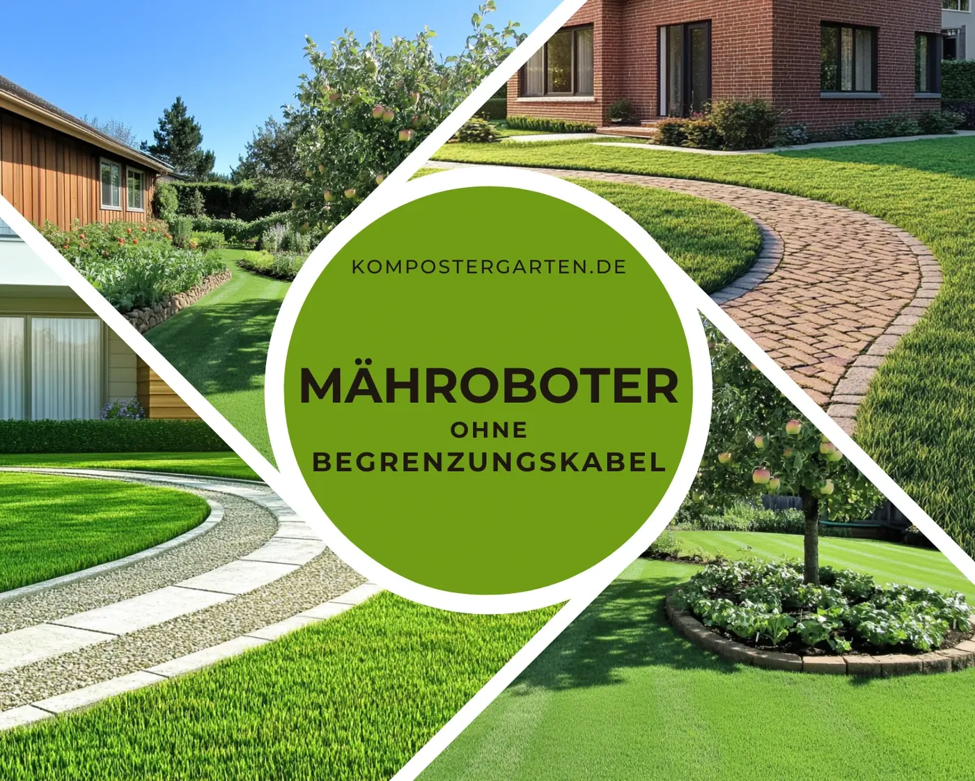 Bildercollage von 4 sehr gepflegten Rasenflächen und dem Schriftzug: Mähroboter ohne Begrenzungskabel