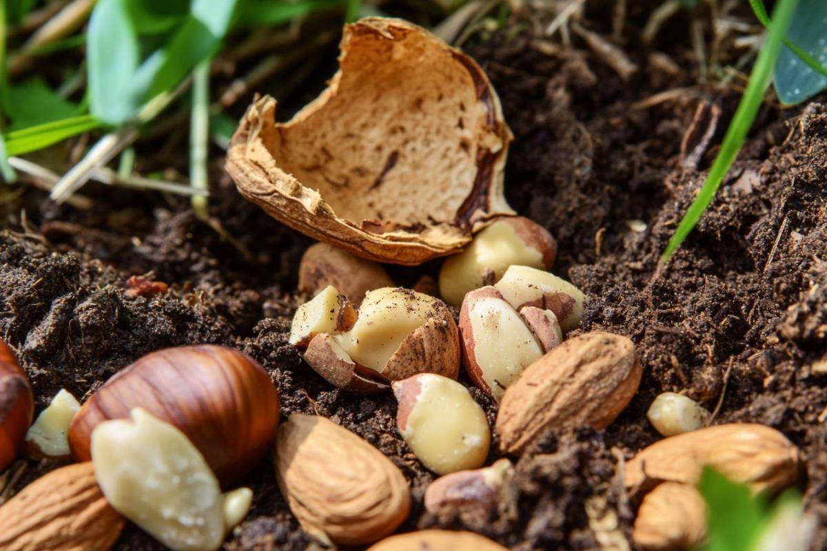 Aufgebrochene Nussschalen und Obstkerne auf einem Komposthaufen